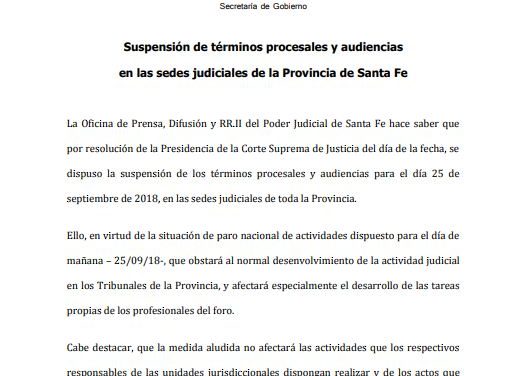 Martes 25: Suspensión de términos procesales y audiencias en las sedes judiciales de toda la Provincia