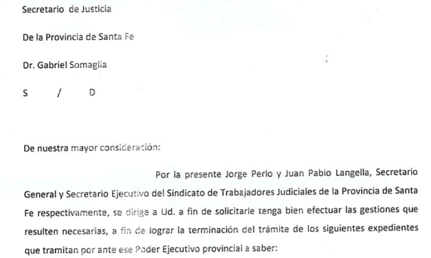CARRERA JUDICIAL: NOTA A LA SECRETARÍA DE JUSTICIA DE SANTA FE