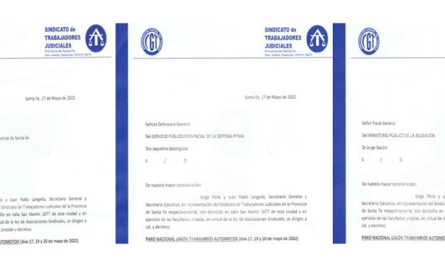PARO DE TRANSPORTE DÍAS 17, 19 Y 20 DE MAYO: NOTA A LA CORTE, MPA Y SPPDP